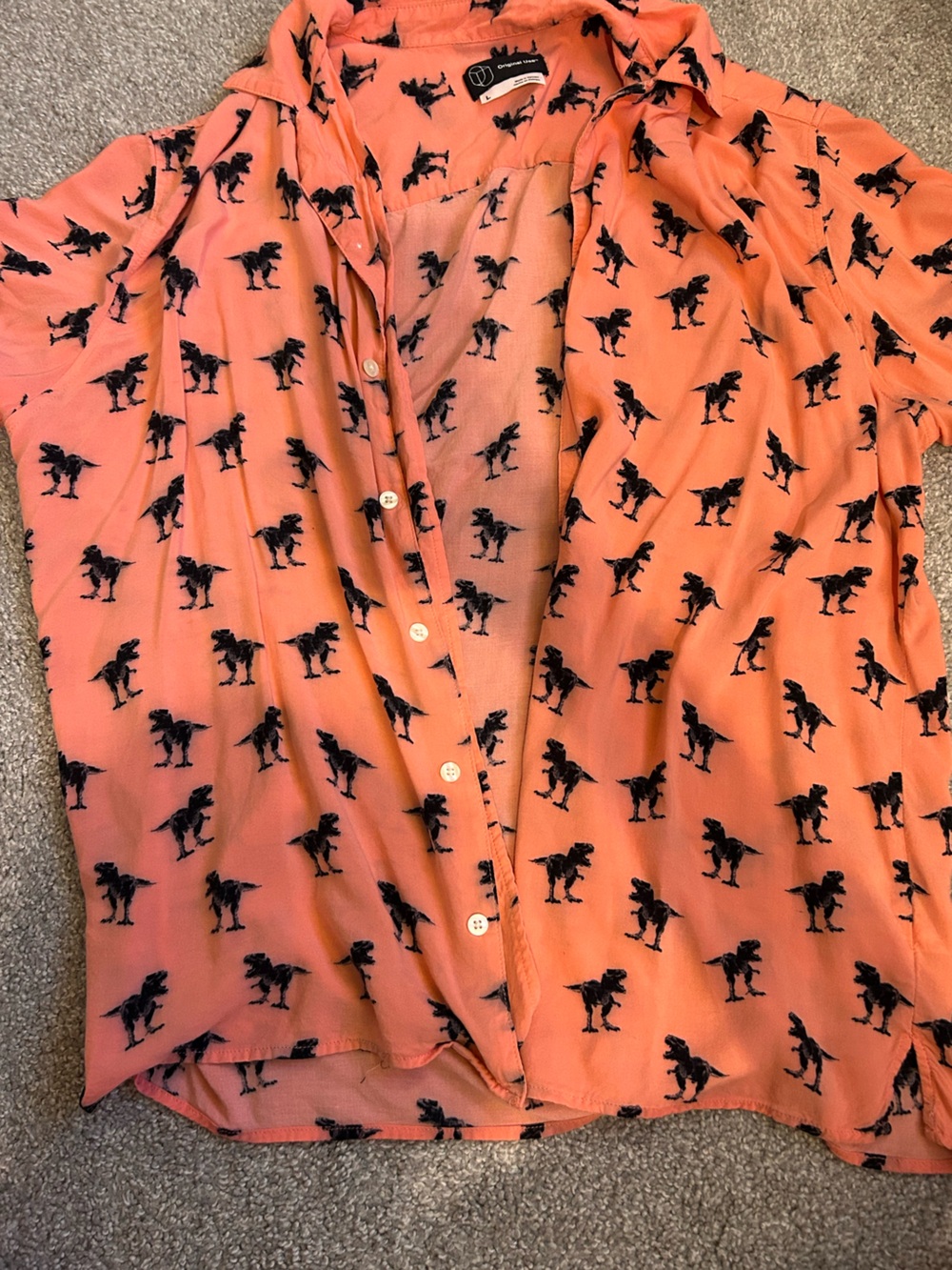 Original Use Coral Button-Down Shirt with Black Dinosaur Print